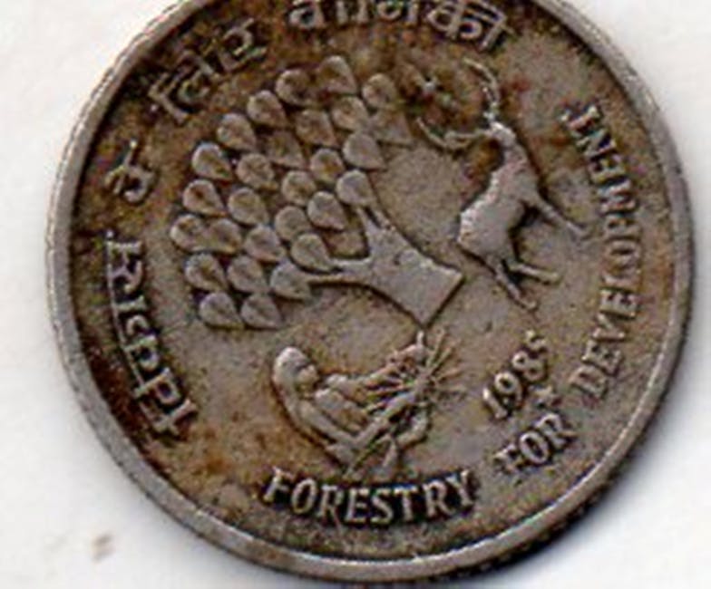 Detailed close-up of a vintage Indian coin commemorating forestry development, dated 1985.