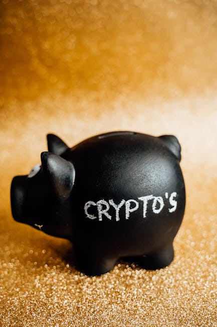 Black piggy bank labeled 'Crypto's' against a sparkling gold backdrop, symbolizing digital investment savings.